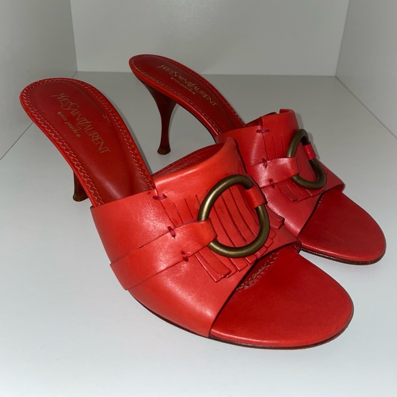 Yves Saint Laurent Shoes - Yves Saint Laurent Rive Gauche Italy Red Leather Heel Mule Slip On Size 8/38.5